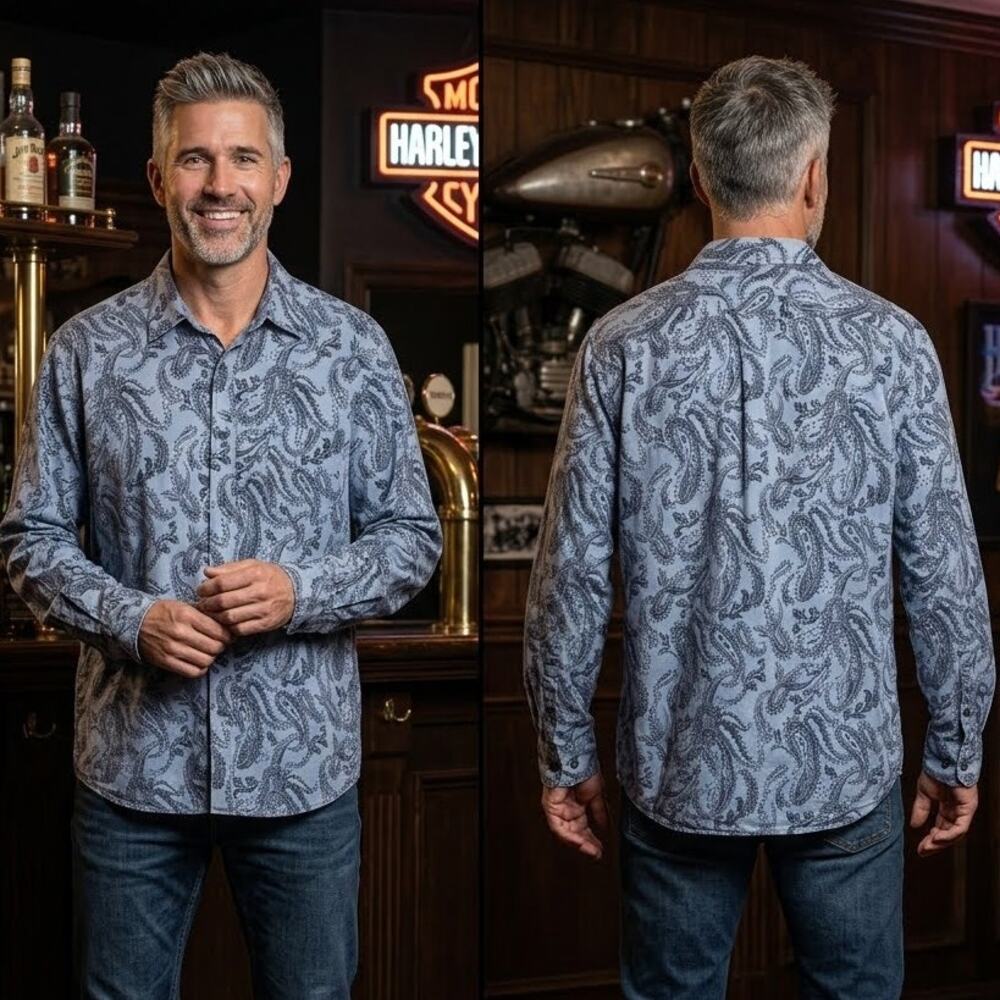 Nautica Linen Cotton Button Up Shirt Blue Paisley Bit Trimmer Mens XL 46 48
